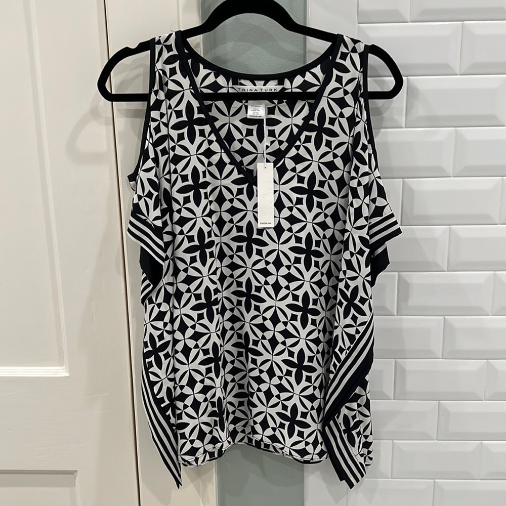 Trina Turk Black and White Geometric Cold-Shoulder Blouse